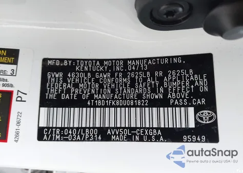 2013 Toyota Camry Hybrid Xle z USA, uszkodzony, nr VIN 4T1BD1FK8DU081822